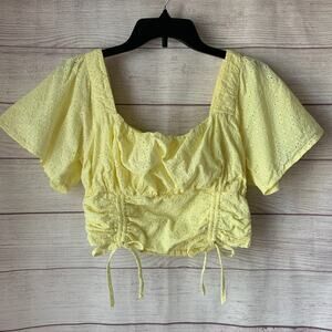 Love Riche Yellow Crop Top Square Neckline Cinch Bodice Short Flutter Sleeves L